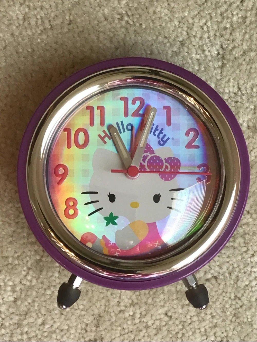 Retro Hello Kitty Alarm Clock, Purple/Pink/Reflective Multicolor, 5”